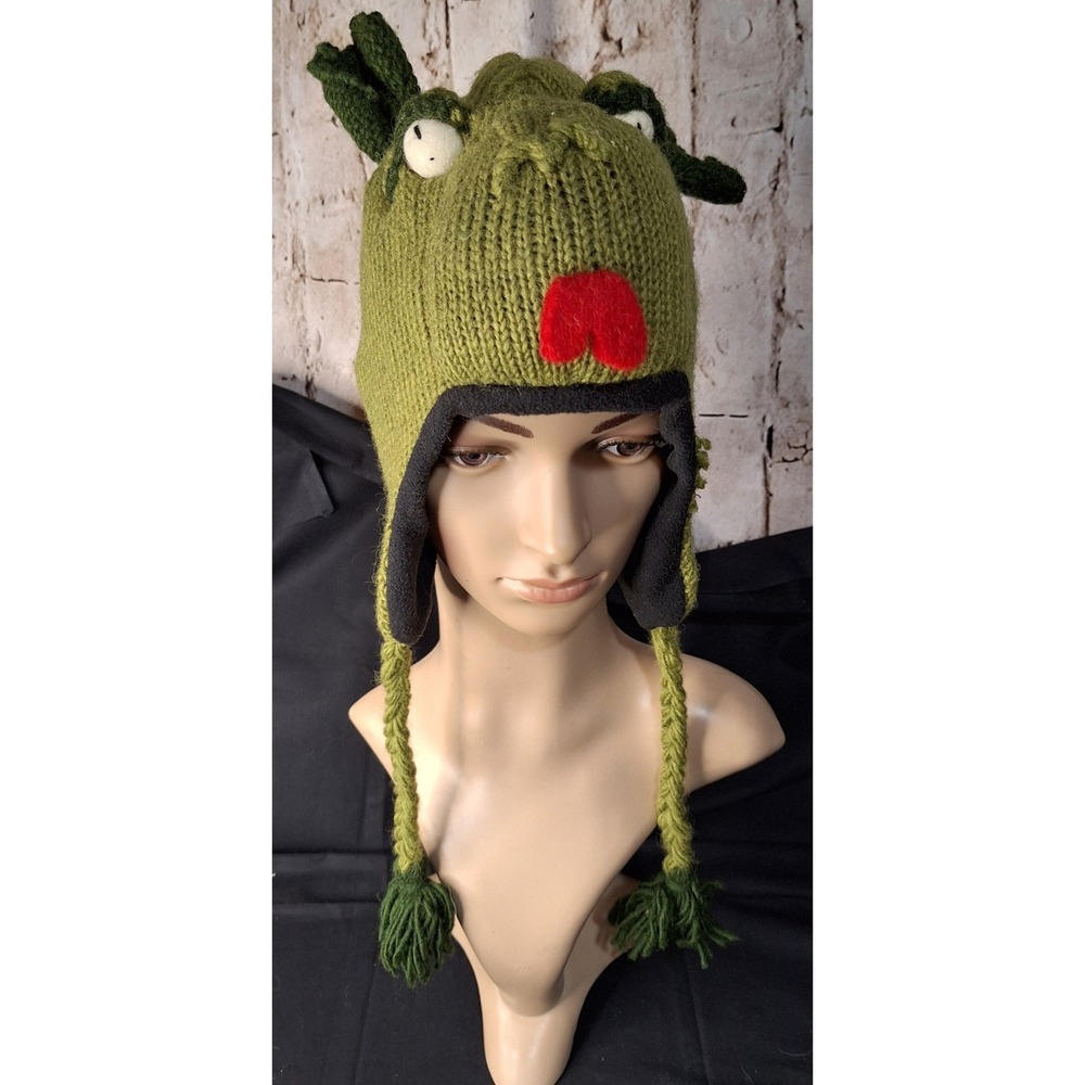 Unbranded Green Knit Dragon Earflap Beanie Hat Fleece‎ Lined Costume Winter Cap